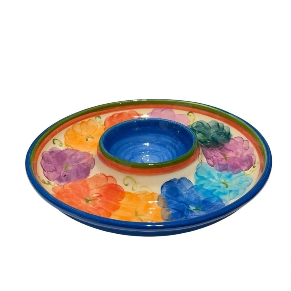 Vintage L. PIERCE Hand painted  Floral Pottery dip platter Signed, colorful 12”